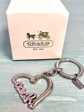 Coach Silver-Tone Logo Heart Keyring with Pink Crystals